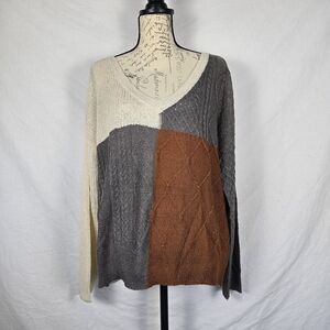 E&M Colorblock Cable Knit V-Neck Sweater - Size Large